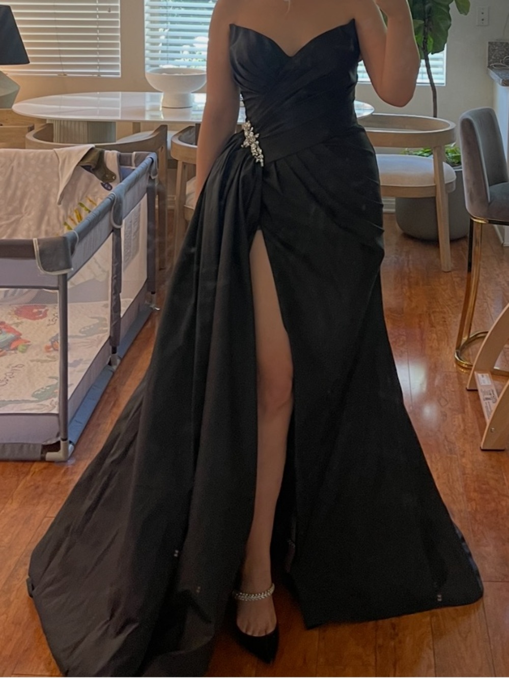 Black Strapless Evening Gown with Side Slit